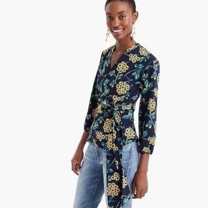 J. Crew Navy Floral Wrap Long Sleeve Blouse